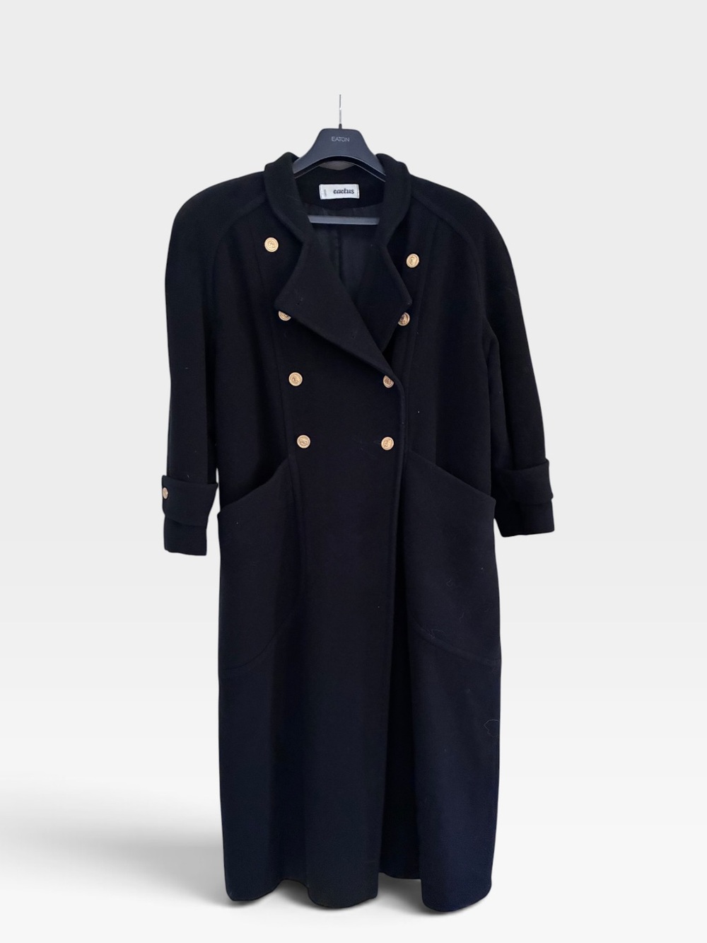 Cactus Black Double-Breasted Cashmere Pea Coat with Gold Buttons